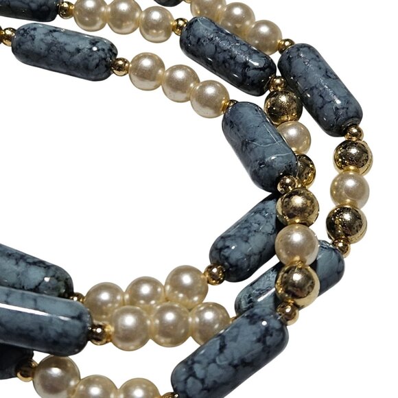 Vintage Elegant Blue Stone Faux Pearl Beaded Necklace Boho Chic Retro Fashion - Picture 3 of 6